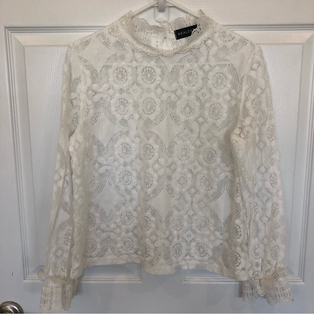 WHITE lace long sleeve top with single back button - Picture 2 of 8